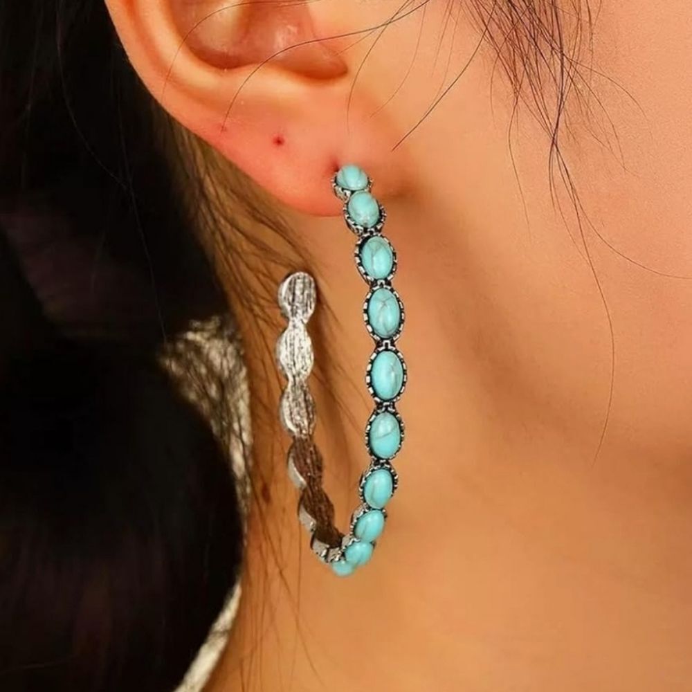 🔹️NIB Turquoise Stone Boho Hoop Earrings